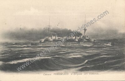 Carte postale ancienne Cuirassé VERGNIAUD se dirigeant vers CORFOU — Cuirasse Vergniaud — Bateau