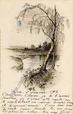 Carte postale ancienne Paysage fluvial avec arbre et lune — Arbre — Fantaisie
