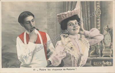 Carte postale ancienne Mettre les chapeaux de Madame — Patrons Partis — Fantaisie