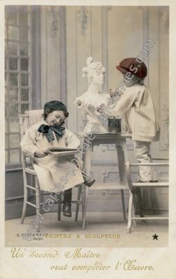 Carte postale ancienne Un second Maître veut compléter l'Œuvre — Peintre et Sculpteur — Fantaisie