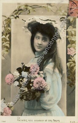 Carte postale ancienne De Recevez mon souvenir et ces fleurs — Jeune Fille — Fantaisie