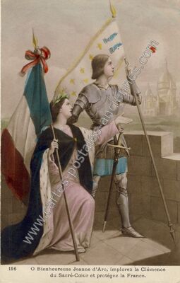 Carte postale ancienne O Bienheureuse Jeanne d'Arc, implorez la Clémence du Sacré-Cœur et protégez la France — Jeanne d'Arc — Personnage