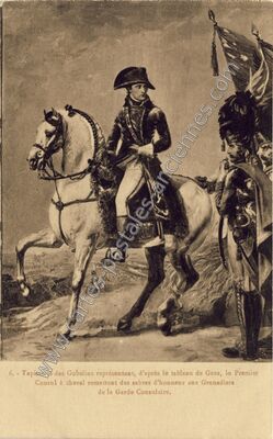 Carte postale ancienne Tapisserie des Gobelins représentant le Premier Consul à cheval remettant des sabres… — Napoleon — Personnage