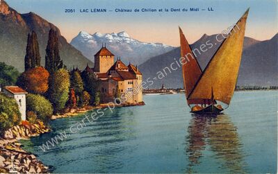Carte postale ancienne Château de Chillon et la Dent du Midi — Chillon — Suisse