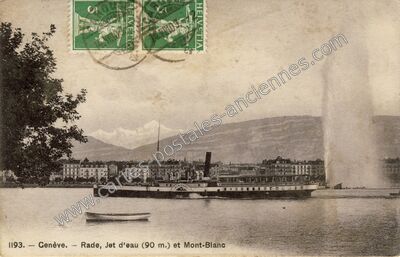 Carte postale ancienne Rade, Jet d'eau (90 m.) et Mont-Blanc — Geneve — Suisse