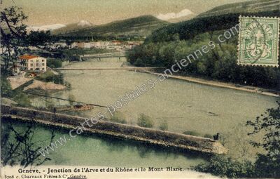Carte postale ancienne Jonction de l'Arve et du Rhône et le Mont Blanc — Geneve — Suisse