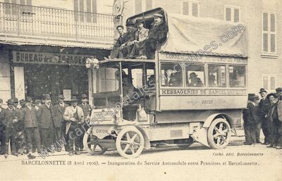 Carte postale ancienne Inauguration du Service Automobile entre Prunières et Barcelonnette — Barcelonnette (Alpes-de-Haute-Provence)