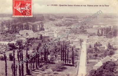 Carte postale ancienne Quartier Saint-Vivien et rue Thiers prise de la Tour — Pons (Charente-Maritime)