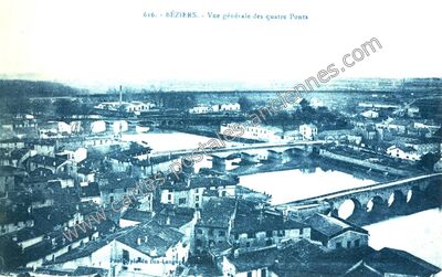 Carte postale ancienne Vue générale des quatre Ponts — Béziers (Hérault)