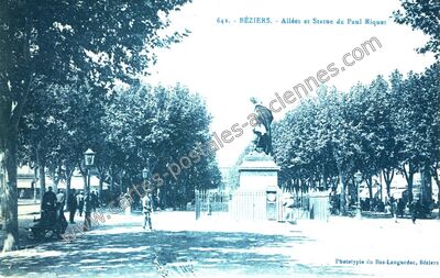 Carte postale ancienne Allées et Statue de Paul Riquet — Béziers (Hérault)