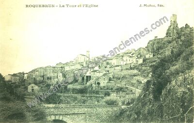 Carte postale ancienne La Tour et l'Eglise — Roquebrun (Hérault)