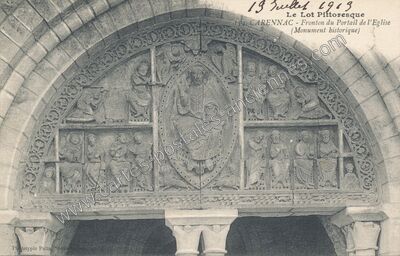 Carte postale ancienne Fronton du Portail de l'Eglise — Carennac (Lot)
