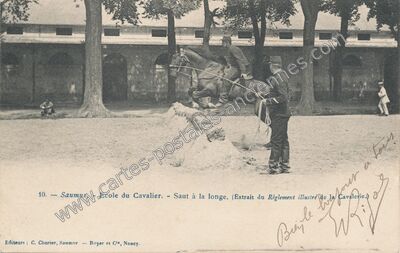 Carte postale ancienne Ecole du Cavalier. - Saut à la longe. (Extrait du Règlement illustré de la Cavalerie.) — Saumur (Maine-et-Loire)