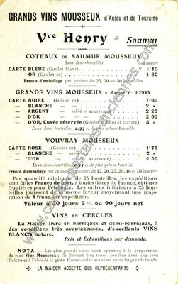 Carte postale ancienne GRANDS VINS MOUSSEUX d'Anjou et de Touraine Vve Henry COTEAUX DE SAUMUR MOUSSEUX Sans… — Saumur (Maine-et-Loire)