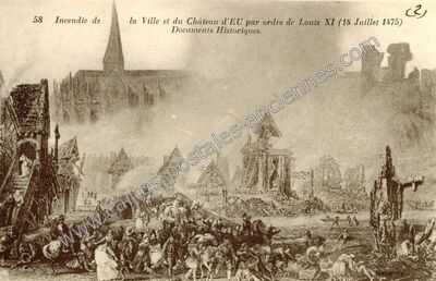 Carte postale ancienne Incendie de la Ville et du Château — Eu (Seine-Maritime)