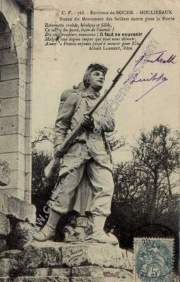 Carte postale ancienne Statue du Monument des Soldats morts pour la Patrie — Moulineaux (Seine-Maritime)