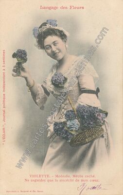 Carte postale ancienne VIOLETTE. - Modestie, Mérite caché. Ne regardez que la sincérité de mon cœur — Langage des Fleurs — Fantaisie