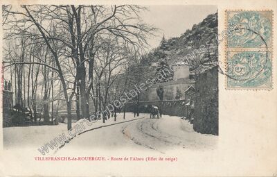 Carte postale ancienne Route de l'Alzou (Effet de neige) — Villefranche-de-Rouergue (Aveyron)