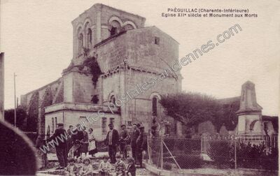 Carte postale ancienne Eglise XIIe siècle et Monument aux Morts — Préguillac (Charente-Maritime)