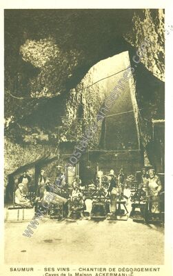 Carte postale ancienne Ses vins - Chantier de dégorgement (Caves de la Maison ACKERMAN) — Saumur (Maine-et-Loire)