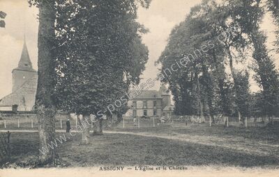 Carte postale ancienne L'Eglise et le Château — Assigny (Seine-Maritime)