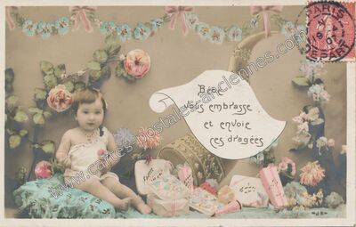 Carte postale ancienne Bébé vous embrasse et envoie ces dragées — Bebe — Fantaisie