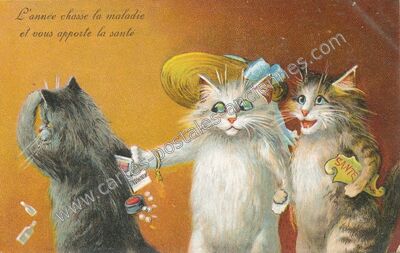Carte postale ancienne L'année chasse la maladie et vous apporte la santé — Chats — Fantaisie